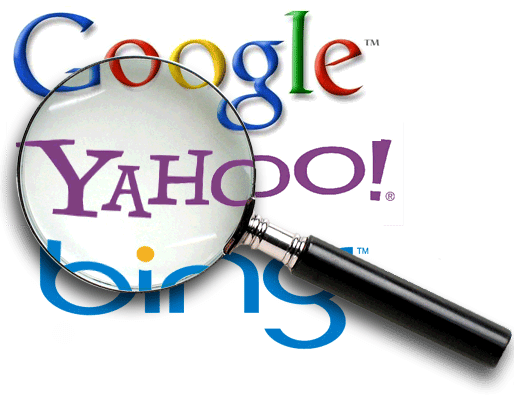 Search Engines Google Yahoo and Bing logo text with Magnifying glass over them